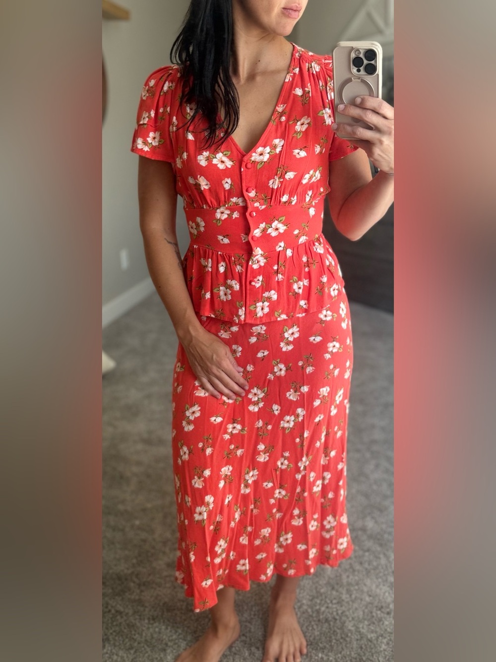 Red Mini Floral Skirt and Button Down Shirt Set ❤️❤️